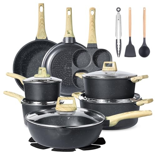 GiPP 22 Pezzi Set di Pentole a Induzione - Set di Padelle e Pentole con Rivestimento Antiaderente, Batteria da Cucina Atossica, Adatta a Diversi Tipi di Fornelli, Grigio
