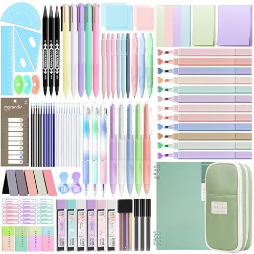 Focxoio 146PCS Aesthetic Stationery Supplies with Pen Case & Notebook,12 Pastel Highlighters,3 Erasable Pens,5 Multicolor Pen,5 Gel Pen,9 Mechanical Pencil Stationery Set for Students School Supplies