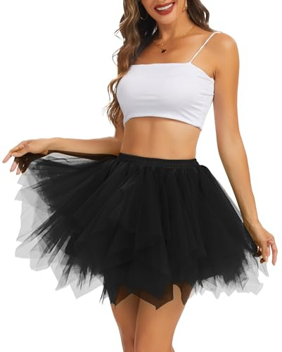Wikoan Enaguas Suaves para Mujer Faldas Cortas Enaguas de Baile con Varias Capas y Volantes Petticoat de Ballet,Negro,S/M