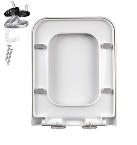 Asiento de Inodoro Rectangular Blanco con Cierre Suave, 36 x 47 cm, Material PP, Asiento de Inodoro Cuadrado de liberación rápida, fijación Superior, bisagras Ajustables 360°, Accesorios de Repuesto