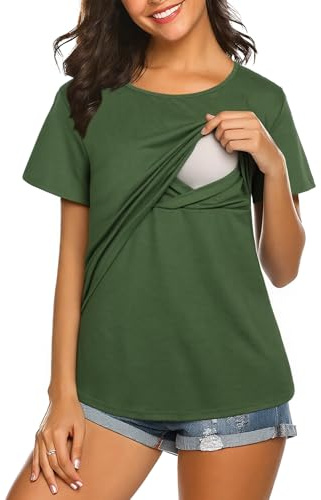 Aolso Amnings-t-shirt för kvinnor, amningsblus, kortärmade amningstoppar för kvinnor, rund hals och moderskap t-shirts för gravida kvinnor, Modal Green XL