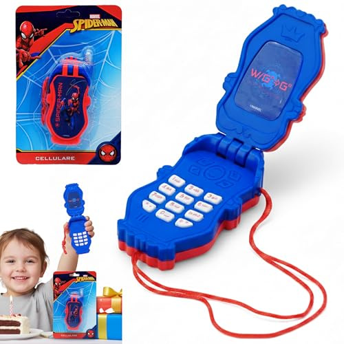 Spiderman Plastic Flip Phone Toy, Carrying String Sound Effects Cellphone Toy, Battery Operated Preschool Learning Birthday Party Favors for Age 3+ Years