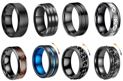 XSDSLS 8 Pcs Bague Hommes Acier Inoxydable Bague Noir Tournante Chaîne Rock Bague Noir Homme Promise Bande Anneau Taille