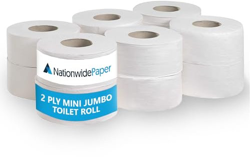 NationwidePaper 2Ply Mini Jumbo Toilet Roll, White, Pack of 12 Rolls (5000 Sheets)