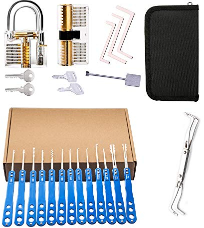 Loboo Idea Juego de ganzúas de acero inoxidable de 18 piezas con 2 candados de entrenamiento transparentes, kit de herramientas para abrir cerraduras