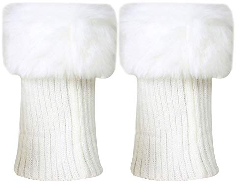 LA HUATE Women's Faux Fur Boot Cuff Socks Soft Knitted Leg Warmers Stretchy Boot Toppers, White