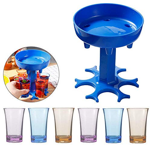 Dispensador de 6 vasos de chupito y soporte-dispensador de chupitos de seis maneras, dispensador de chupito de bar, dispensador de cócteles, regalos de fiesta dispensador de vino (azul con 6 vasos)