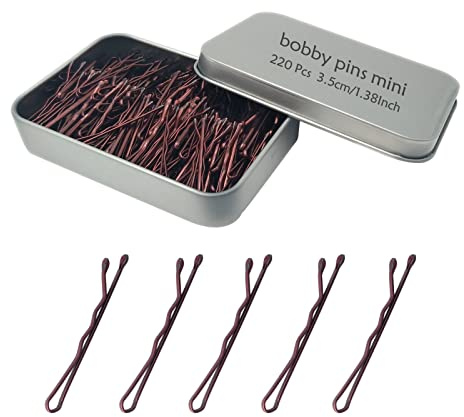 220 Count Mini Wavy 1.38 Inch Bobby Pins Brown, YINGFENG Small Hair Bobby Pins with Storage Box for Updos, Metal Hair Clips for Kids, Girls and Women, Suitable for All Hair Types
