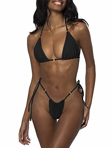 LUNNTE Damen Bikini Set Sexy Tanga String Bikini Badeanzüg Zweiteiliger Triangel mit Ring Badebekleidun Verstellbare Bademode Unterteil Seitlicher Schnürung (Schwarz, M)