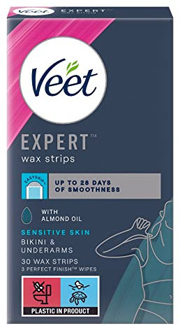 Veet Expert Cold Wax Strips, Bikini & Underarms, Sensitive Skin, 30 Wax Strips (3 Finish Wipes with Argan Oil), Soothing with Almond Oil, Removes Shortest Hair from Root, 28 Days Smoothness