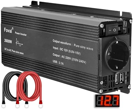 Yinleader Wechselrichter 1300W /2600W 12V 230V Reiner Sinus Spannungswandler mit 1 Steckdose 2 USB Anschlüsse
