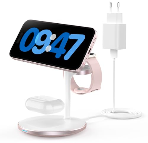 Estación de Carga inductiva, Cargador de estación de Carga inalámbrico 3 en 1, Cargador inalámbrico Compatible con Cargador mag Safe para iPhone 14 13 12 Pro MAX/Plus Apple Watch Ultra 8 Rosa