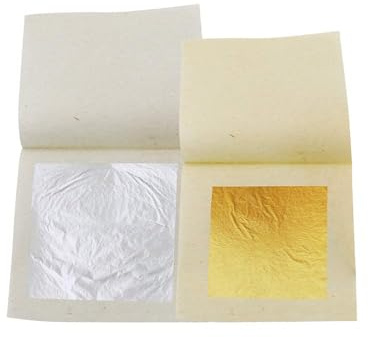 20PCS, Edible Gold Leaf, 24K Gold and Silver Leaf Foil Sheets Set, 4.33cm Gold and 6cm Silver Foil for Cake Decoration, Coffee, Chocolates and Gilding Arts Craft (Each 10 Sheets)