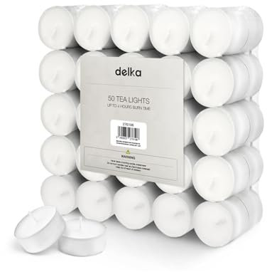 delka Unscented Tea Lights White-Long-Lasting 4 Hour Burn Time-Smoke-Free Bright Flame-Ideal for Weddings, Events, Aromatherapy, Home Décor, and Emergency Use-Premium Quality (White, 50 Pack)
