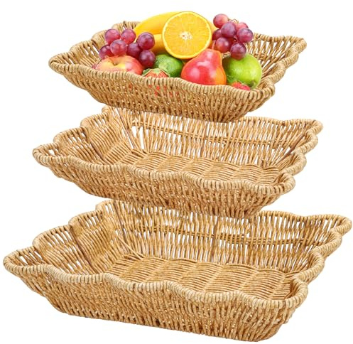 Jucoan 3 Pack Poly Wicker Bread Baskets, Imitation Rattan Fruit Baskets, Rectangular Tabletop Woven Serving Baskets Trays for Fruits Vegetables and Snacks, Restaurant Hotel Kitchen