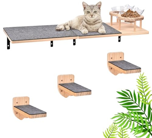 Amaca da parete per gatti con 2 ciotole per cibo e 3 gradini, 2 posatoi con rivestimento in feltro, mensola in legno con stazione di alimentazione per arrampicarsi, dormire, giocare
