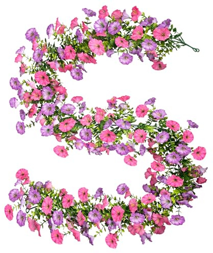 2 Stück Künstliche Hängepflanze Petunien Blumengirlande Kunstblumen Hängend Deko Wetterfest Üppige Seidenblumen Künstliche Blumen Girlande Ranken Vine für Außen Innen Balkon Terrasse (insg. 3.6m)