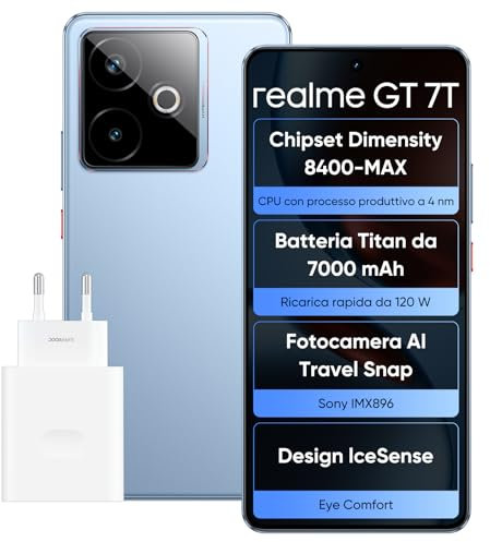 realme GT 7T, Smartphone 5G Dual SIM, 12GB de RAM, 512GB de ROM, Pantalla AMOLED de 6.8, Chipset Dimensity 8400-MAX, Batería Titan de 7000mAh, Cámara de Viaje con IA,IceSense Azul,Adaptador Incluido