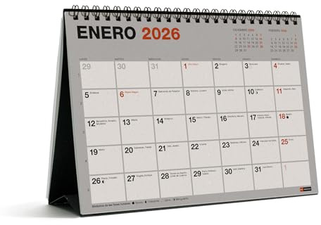 Miquelrius - Calendario 2026 de sobremesa, Papel 100% reciclado post-consumo, Organizador mensual A5: 210 x 148,5 mm, Con espiral doble y espacio para anotar, Planificador de escritorio, Español