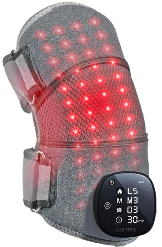 FORTHiQ RED+ Orthèse de genou avec chaleur et lumière rouge, masseur de genou à 5 niveaux et 52 LEDs rouges/infrarouges, sans fil et réglable pour genoux, coudes et épaules