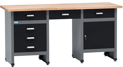 Küpper Banco da lavoro 12579, 170 x 60 x 84 cm, 6 cassetti, 1 porta, portata 300 kg, piano di lavoro in faggio massiccio da 30 mm (nero)