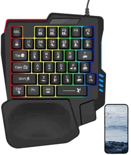 Enhandstangentbord – ergonomiskt tangentbord med känsla för telefon, kompakt speltangentbord med en hand med belysning, professionellt speltillbehör för , sovsal, hotell, appar
