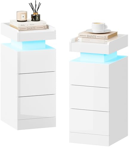 Dripex Nachttisch 2er Set schmal, Beistelltisch mit LED-Beleuchtung, Nachttische mit 3 Schublade, erhöhtem Rand(Verhindert das Herunterfallen), RGB Farbwechsel, Dimmbar, für Schlafzimmer, Weiß