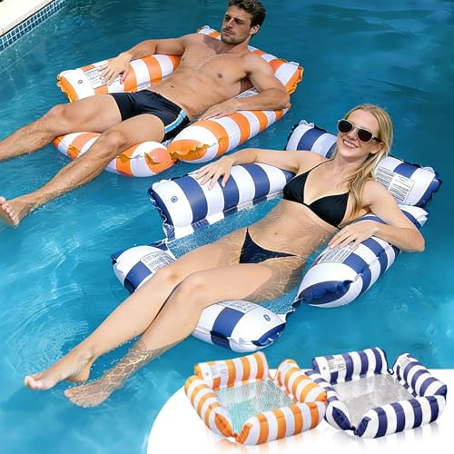 Amaca Galleggiante per Piscina e Mare, Materassino Gonfiabile per Adulti con Rete, Poltrona e Tubo Galleggiante, Set da 2 Pezzi con 4 Camere d'Aria per Spiaggia, Blu e Arancione