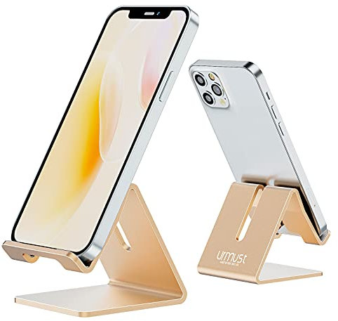 urmust Phone Holder, Mobile Phone Stand Dock for Desk, Aluminum Cell Phone stand for iPhone 16,15,14 Plus,13, 13 Pro, 12 Pro Max, 12, 11 Pro, Xs Max, X, 8, 7, 6 Plus and more (Gold)