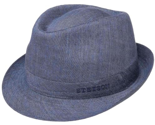 Stetson Chapeau Geneva Trilby en Lin Femme/Homme - Made in Italy Tissu D'Ete de Soleil avec Doublure Ete Printemps-ete - 56 cm Bleu