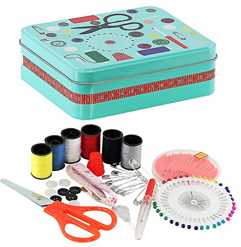Metal Sewing Box Kit with Sewing Accessories Scissors, Thimble, Needles, Pins, 1.5 m Tape Measure, Needle Threader, Stitch Unpicker, Safety Pins & Buttons