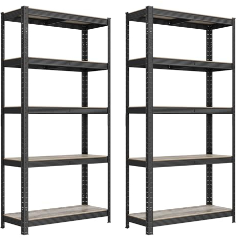 SONGMICS Juego de 2, Estantería de 5 Niveles, 30 x 75 x 150 cm, Carga de 650 kg (130 kg por Nivel), Estantes Ajustables, Estilo Natural, para Cocina, Salón, Madera Natural y Negro GLR030B12