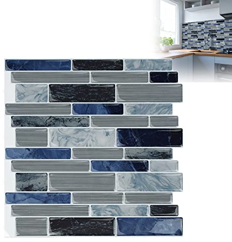XMTECH 10 Stück 3D Fliesenaufkleber 30 x 30 cm,Badezimmer Fliesenfolie Marmor-Blau-Grau Fliesensticker für Bad Küche, Selbstklebend Wandfliesen Dekor, PVC Metro Fliesen Selbstklebend Fliesendekor