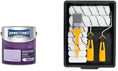 Johnstone's - Washable Paint - Sweet Lavendar - Matt Finish - Emulsion Paint -12m2 Coverage per Litre - 2.5L & Coral 10501 Paint Kit with Headlock and Mini Roller Frame and Hybrid Brush, Set of 12 pcs