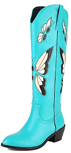 CRETUAO Botas Altas hasta la Rodilla Occidentales Bordadas Mujer,Botas largas tacón Grueso con Punta Puntiaguda a la Moda,Botas Vaqueras tacón Medio con Mariposa clásica Retro,Azul,41 EU