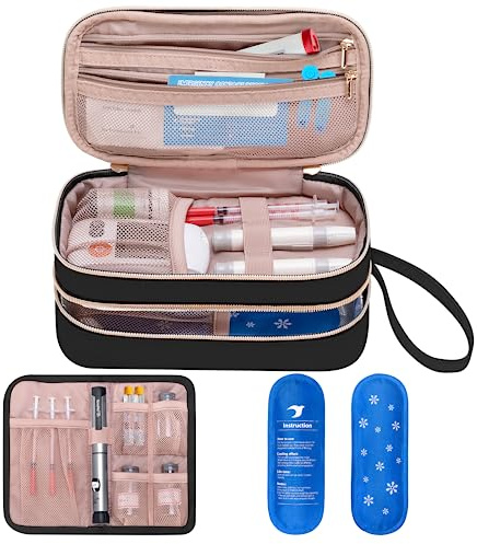 Yarwo Nevera Portatil Insulina con 2 Bolsas de Hielo, Bolsa de Diabetico, Estuche Insulina, para Jeringas, Agujas y Otros Accesorios Medicinales, Negro (Sólo Bolsa)