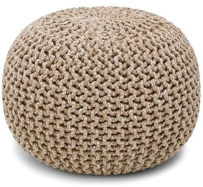 REDEARTH Round Pouf Ottoman - Hand Knitted Cable Boho Poof Home Décor Pouffe Circular Footrest for Living Room - Nursery - Bedroom - Lounge 100% Cotton (18”x18”x14”) - Beige Ivory