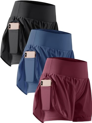 CADMUS 2 in 1 Women's Workout Shorts Athletic Gym Running Shorts for Women Phone Pockets,Black & Navy & Wine Red, Medium