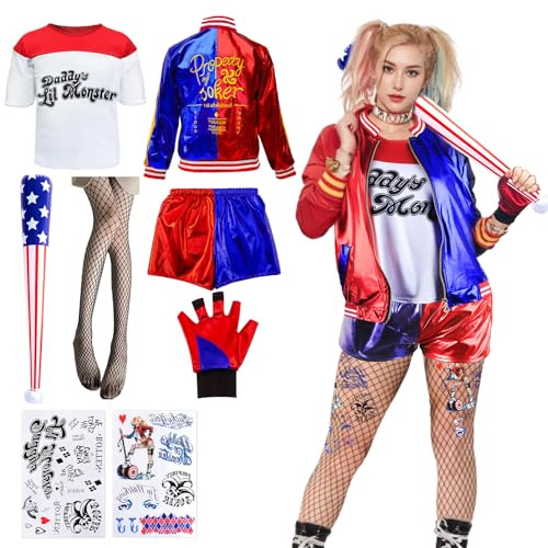 Déguisement Adulte Femme- Costume Harley Squad Joker Fille Carnaval Avec batte de Baseball Tatouages Temporaires Gants Veste T-shirt Short Résille Soirée à thème Cosplay de Carnaval d'Halloween