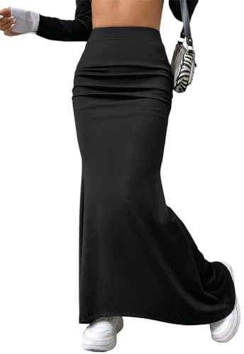 seiveini Jupe Femme Longue Élastique Maxi Jupe Élégant Taille Haute Couleur Unie Jupe Moulante Été Jupe Longueur Ajustée et Évasée Extensible Jupe Plissée Décontracté A Noir XL