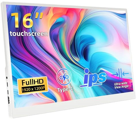 Pisichen Portable Monitor Touchscreen, 16 Inch Full HD 1920x1200P IPS Display Touch Screen Travel Monitor Ultra-slim HDMI USB C External Monitor for PC Laptop Computer Switch Ras Pi, White