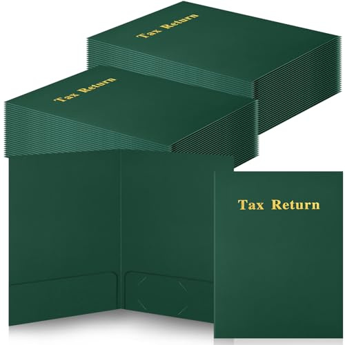 Harloon 40 Pcs Tax Return Folders 12 x 9 Inches 2 Pocket Folders Bulk Gold Foil Stamped Heavyweight Folder, Holds 8 x 11 Inches Letter Size Paper(Green,Cardboard)