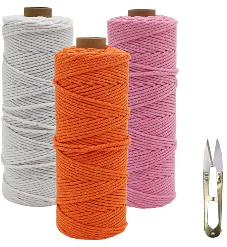 Hilo de macramé (2 mm x 100 m, 3 unidades, hilo de macramé, hilo natural, cuerda de algodón, cuerda de algodón para plantas de pared, artesanía, color rosa, naranja y blanco)