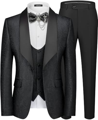 MAGE MALE Mens 3 Piece Floral Tuxedo Suits Slim Fit Paisley Shawl Lapel Suit for Dinner Prom Wedding Black