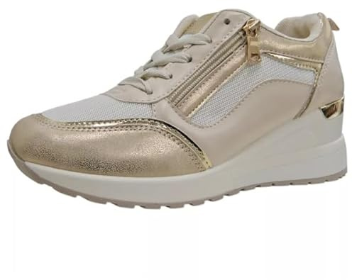 Ladies Wedge Trainers Womens Faux Leather Sneakers Lace Up Comfy Classic Pumps Shoes Sizes Gold 7
