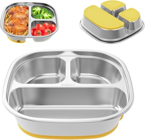 Jokapy Baby Teller, Edelstahl Teller mit Drei Fächern Unterteilt Kinderteller Rutschfest, Esslernteller Edelstahl Geteilter Tellers Baby für Kleinkinder Und Kinder (Silber)