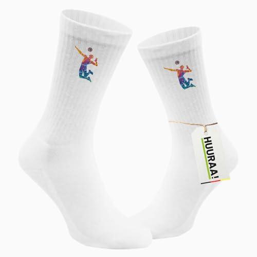 Huuraa Unisex Socken Volleyballer bunte Silhouette 37/41 White Baumwolle Tennissocken Geschenkidee