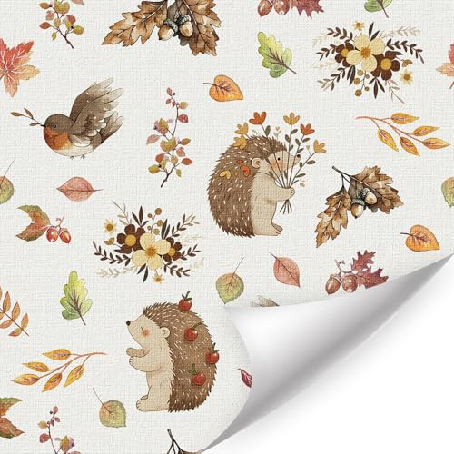 CHDITB Thanksgiving Autumn Wallpaper,Self Adhesive Yellow Wallpaper Thanksgiving Pumpkin(44x300cm) Vintage Birds Hedgehogs Maple Leaves Wall Paper,Fall Harvest Stickers for Nursery Bedroom Wall Decor
