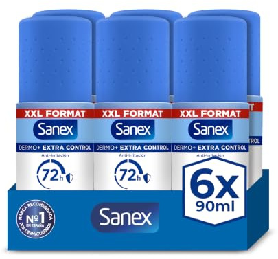 Sanex Dermo+ Extra Control Desodorante Antitranspirante Roll-On 72 Horas 90ml – protección efectiva contra el sudor y el mal olor – dermatológicamente testado– contiene 0% alcohol*