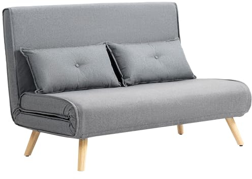 HOMCOM 2 Seater Sofa Bed, Click Clack Convertible Bed Settee with Adjustable Backrest, Modern Linen Feel Fabric Recliner Sofa Couch with Pillows for Living Room, Bedroom, Guest Room, Grey
